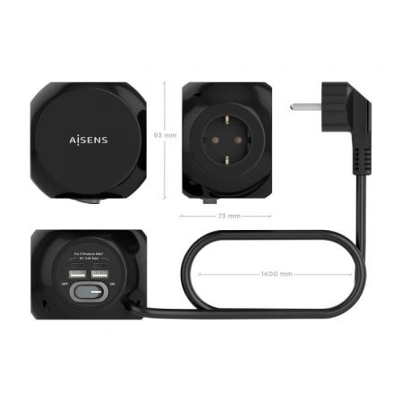 Aisens Regleta de Sobremesa ASPS-2A2C05-BK con 3 Tomas y 4 Puertos USB, Negro